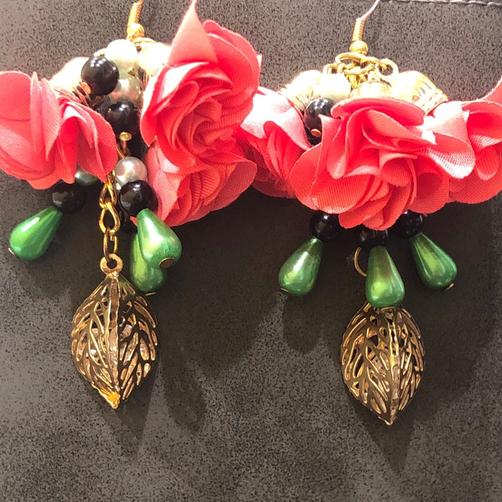 Coral and Good Flowered Dangle Earrings